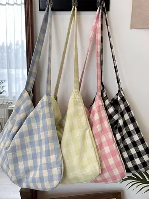 Milk Blue Plaid Canvas Underarm Bag for Girls