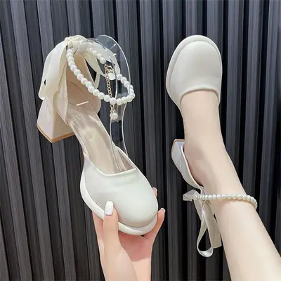 Fairy Style Mary Jane High Heels Women's 2024 Summer New French Style Pearl Elegant Matching Skirt Thick Heel Sandals