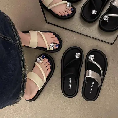 French Style Women's Black Silver Sandals with Clip-toe Design