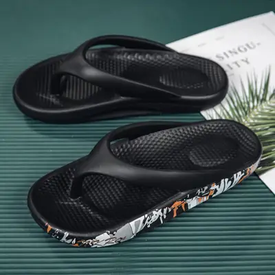 Men Black Graphic Flip Flops Large Beach Shoes