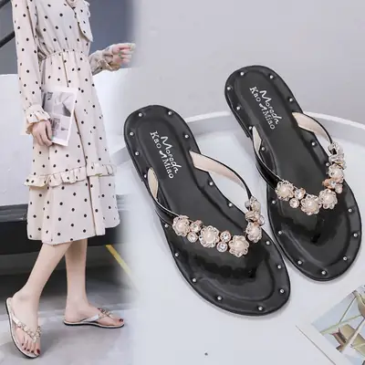Black Rhinestone Flip Flops for Women 2024