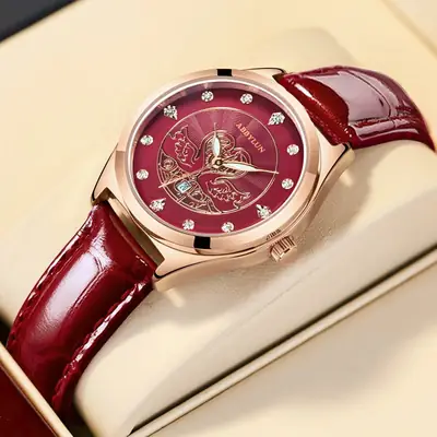 Women's Red Glass Skeleton Quartz Watch with Leather Strap