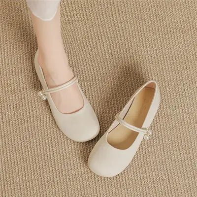 Women's Soft Leather French Mary Jane Shoes White Pearl