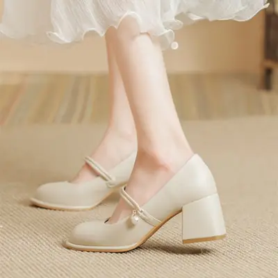 Women French Soft Leather Mary Jane Heels White 2024