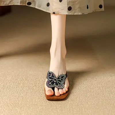 French Bow Rhinestone Sandals Women High Heel Flip Flops