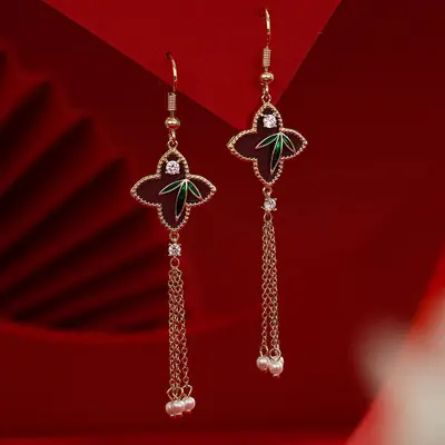 New Chinese Bamboo Leaf Tassel Earrings Women's Light Luxury