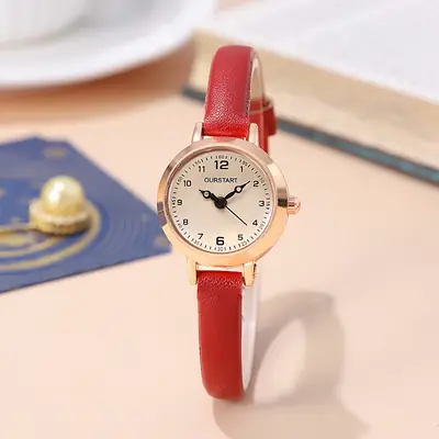 Women's Red Leather Watch with Gold Dial