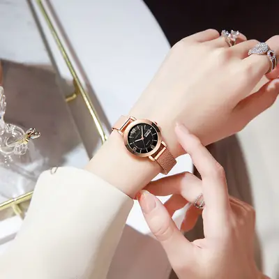 Ladies Pink Quartz Watch with Double Calendar & Brown Leather Band