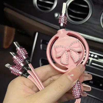 Pink 3-in-1 Car Charging Cable with Crystal Bow Design