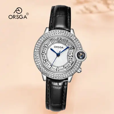 ORSGA Diamond Encrusted Women's Quartz Watch Black Leather Band