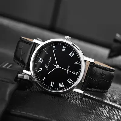 Men's Quartz Roman Numeral Watch with Black Leather Band