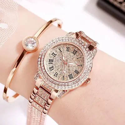 Women's Star-Diamond Roman Watch Rose Gold Bracelet
