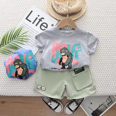Children Cotton Cartoon T-Shirt Shorts Set Blue Green