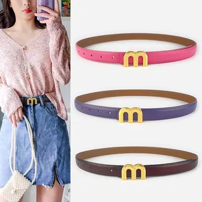 M Letter Leather Belt for Women Brown Gold Buckle