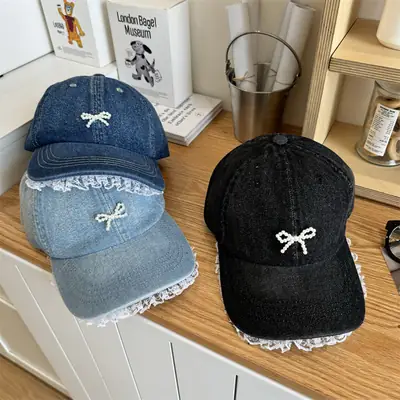 Black Bow Lace Baseball Cap Women's Wide Brim