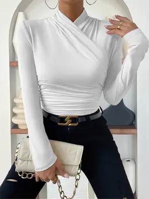 European and American Cross-Border Pullover Autumn and Winter New Design Cross-Collar Long-Sleeved Slim and Versatile Pure Color Pleated T-Shirt