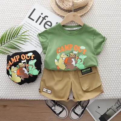 Boys T-shirt Shorts Set Black Five Point Graphic 2024 Summer