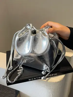 Silver Chain Bucket Bag for Women 2024