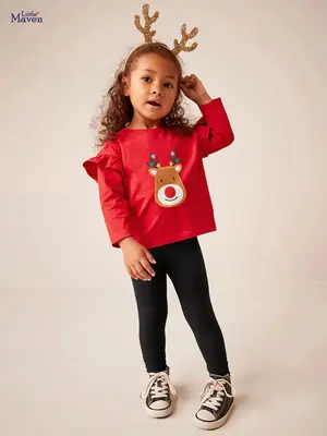 Red T-shirt & Black Pants for Girls with Cute Sticker Embroidery
