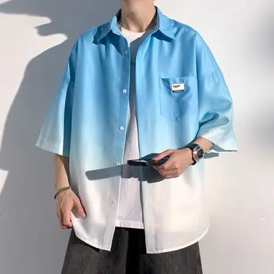 Men Ice Silk Gradient Short Sleeve Shirt Blue White