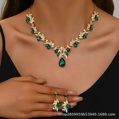 Bridal Gold Blue Crystal Collar Necklace Set Earrings