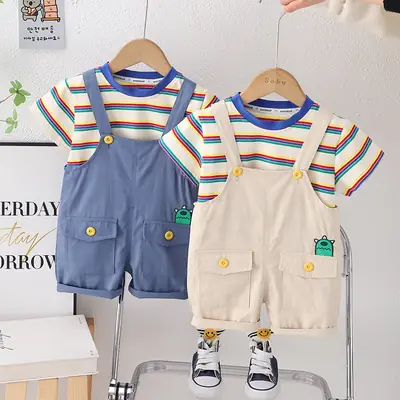 Children's 2-Piece Cotton T-Shirt Shorts Set Blue Beige Summer Casual