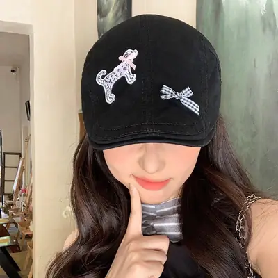Women's Beige Puppy Embroidered Cap Spring Summer