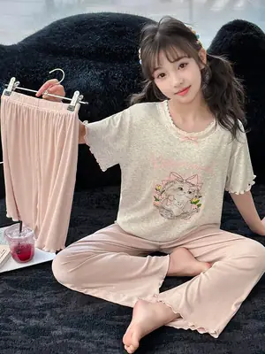 Girls' Pajamas Modal Three-piece Summer Children's Short-sleeved Home Clothes Girls' Big Children's Summer Thin Air-conditioning Clothes