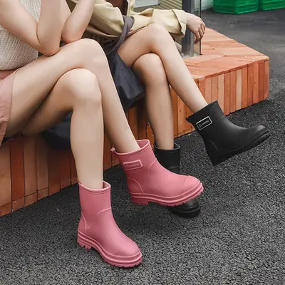 Women Pink Fleece Rain Boots Waterproof Mid-Length