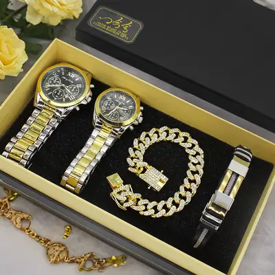 Couple Quartz Watches Gold Blue Bracelet Box