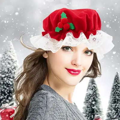 Red Christmas Fur Ball Hat with Lace Trim