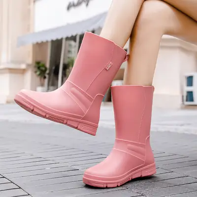 Pink Women's Waterproof Rain Boots Middle Tube
