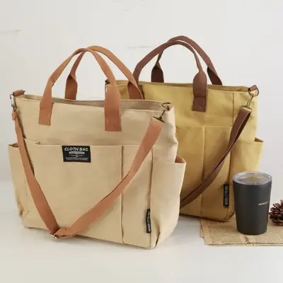 Canvas Tote Bag Multi Pocket Japanese Style Casual Student Schoolbag