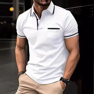 Men's Light Blue Polo Shirt Button Pocket Summer 2024