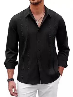 Men Striped Long Sleeve Shirt Light Blue Casual