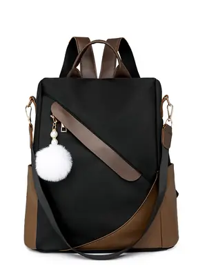 Women's Black Brown Leather Travel Backpack with Pom Pom