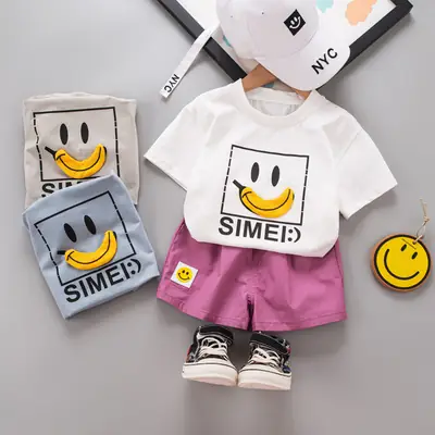 Children Cotton T-Shirt Shorts Set White Pink Summer