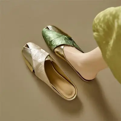 French Style Baotou Half Slippers Women's Summer Soft Leather National Style Printed Colorblock Square Head Hollow Flat Lazy Muller Sandals