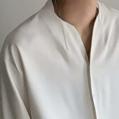 White V-Neck Long Sleeve Men's Shirt