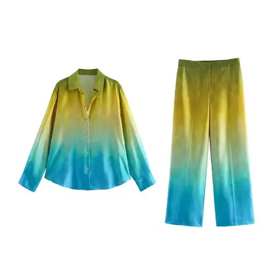 European and American Style Women's Clothing Export New Silk Satin Texture Tie-Dyed Long-Sleeved Shirt + Loose Tie-Dyed High-Waisted Pants Suit