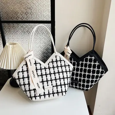 European American Fashion Women's Plaid Silk Tote Bag Large Capacity