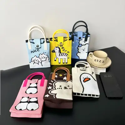 Cartoon Knitted Crossbody Bag with Green Handles