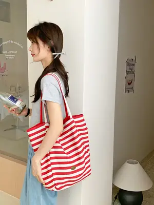 Striped Canvas Tote Bag Blue Striped 2024 New Korean Style