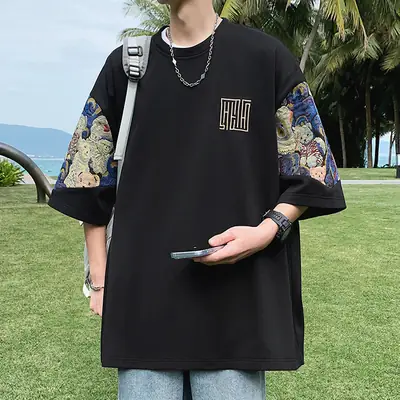 Men Black Graphic T-shirt with Embroidered Sleeves