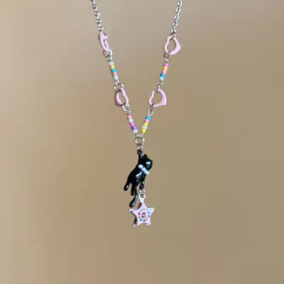 Black Cat Pink Star Beaded Necklace for Women