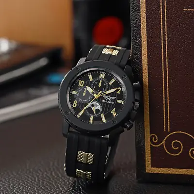 Men's Black Chronograph Quartz Watch with Silicone Band
