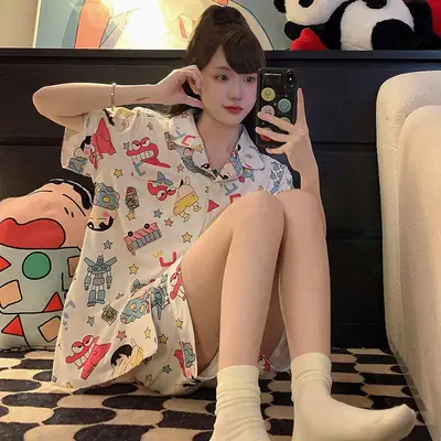 Women's Summer Pajama Set Cream Cartoon Short Sleeve Shorts