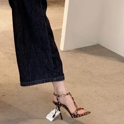 Leopard Print Stiletto Heels Women Open Toe Banquet Sandals