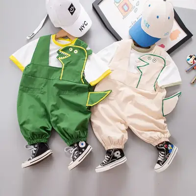 Boys Cotton Summer Strap Suit Green Yellow