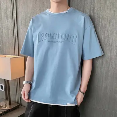 Men White Printed T-Shirt Loose Sleeve Casual Wear